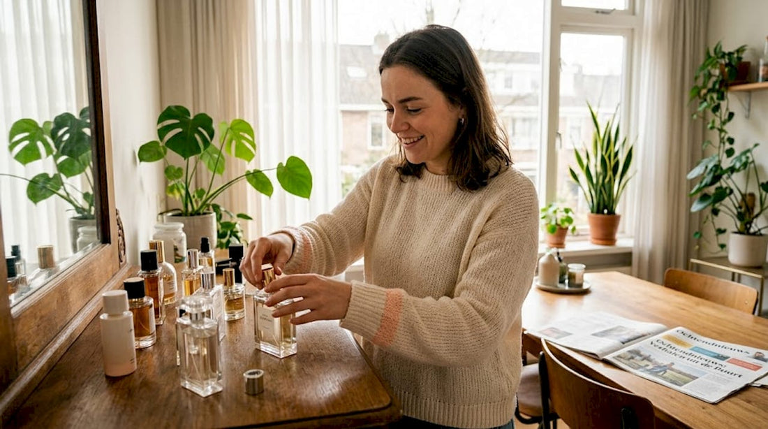 Een vrouw rangschikt haar parfumflesjes op het dressoir in de woonkamer.