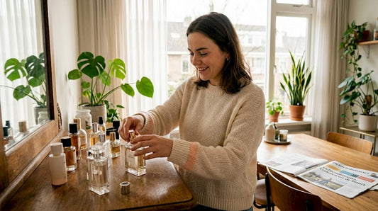 Een vrouw rangschikt haar parfumflesjes op het dressoir in de woonkamer.