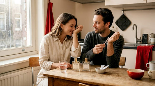 Een man en een vrouw staan samen in de keuken en proberen verschillende geurtjes uit. Ze ruiken aan flesjes en vergelijken de parfums, terwijl ze gezellig met elkaar praten.