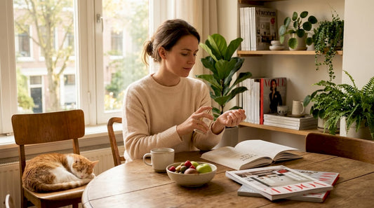 In een zonnige woonkamer sprayt een vrouw haar favoriete parfum op.