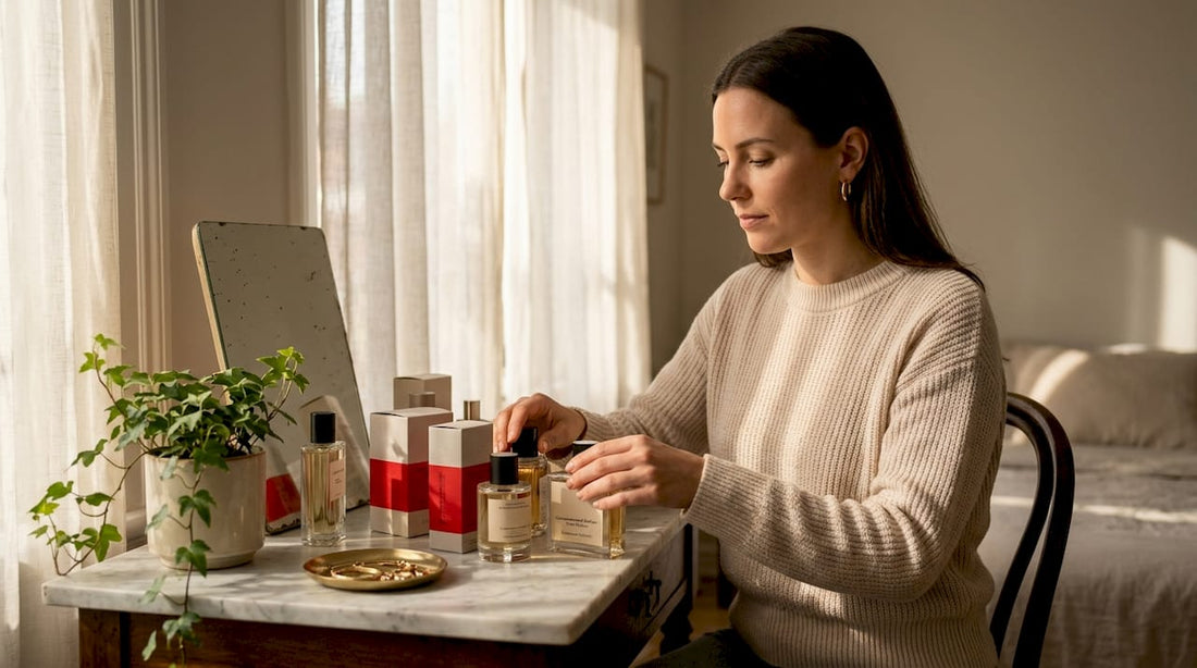 Een vrouw is bezig met het netjes neerzetten van parfumflesjes en bijbehorende doosjes.