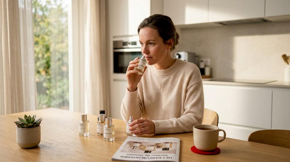 Een vrouw zit aan de keukentafel en probeert verschillende geurtjes uit.