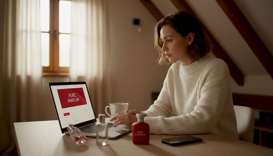Een vrouw zit aan de keukentafel rustig online naar verschillende parfums te kijken.
