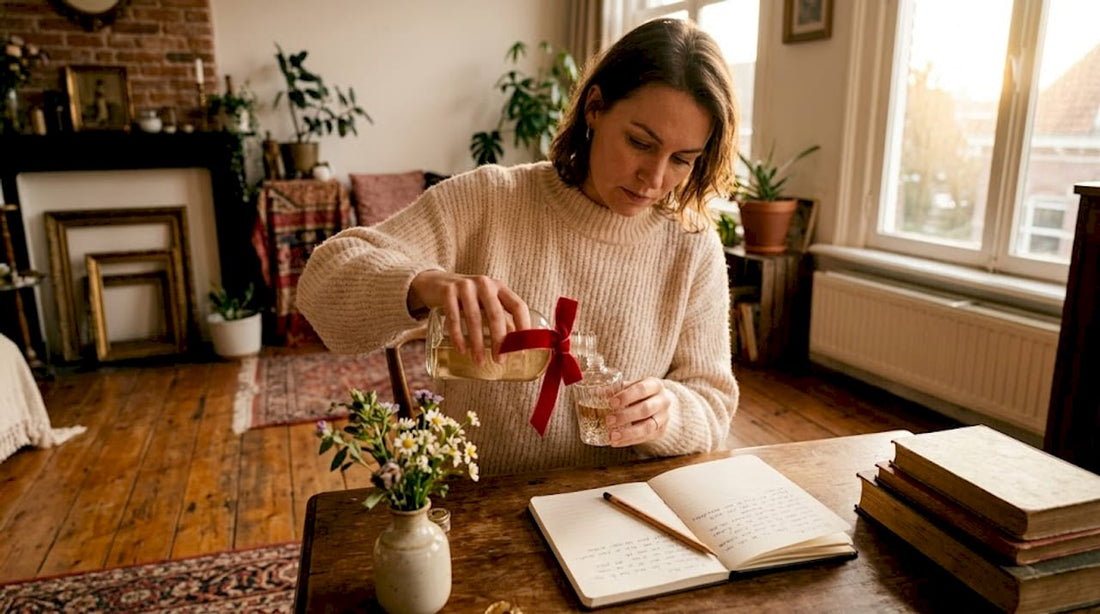 Een vrouw is aan de keukentafel bezig haar parfumfles bij te vullen.