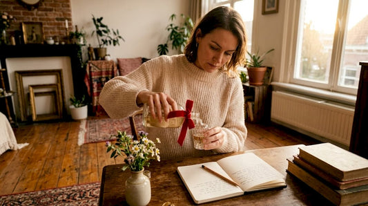 Een vrouw is aan de keukentafel bezig haar parfumfles bij te vullen.