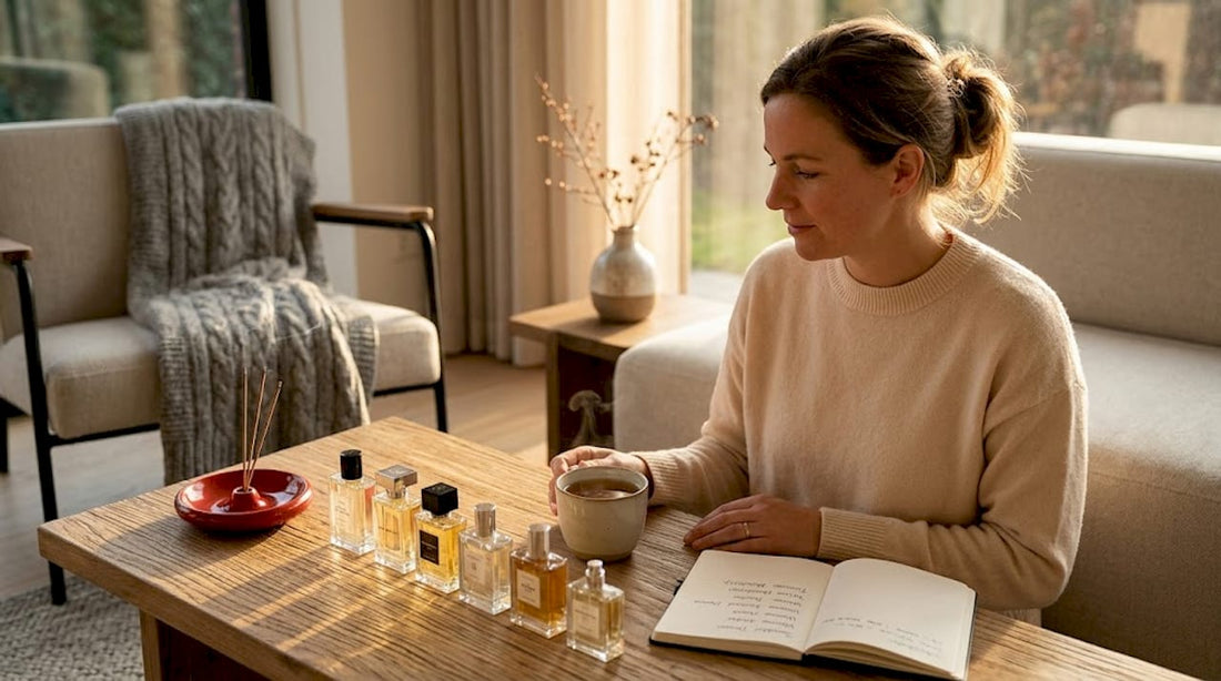 Een vrouw bewondert haar parfumcollectie in een lichte, zonnige woonkamer.