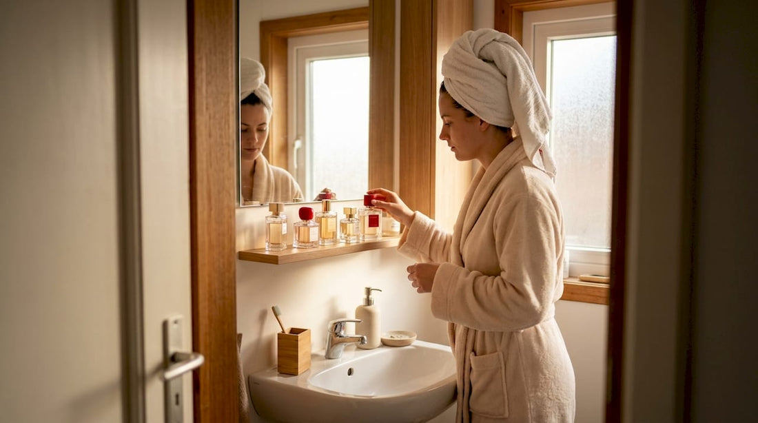 In de badkamer twijfelt een vrouw welke betaalbare parfum ze vandaag zal gebruiken.