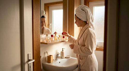 In de badkamer twijfelt een vrouw welke betaalbare parfum ze vandaag zal gebruiken.