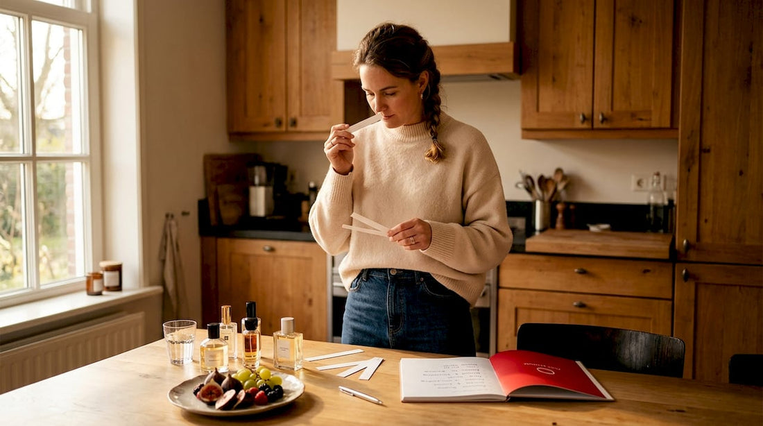 Een vrouw staat thuis aan haar dressoir en kiest zorgvuldig een parfum uit.