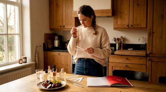Een vrouw staat thuis aan haar dressoir en kiest zorgvuldig een parfum uit.