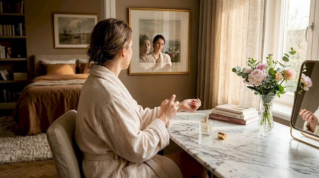 Een vrouw brengt een vleugje parfum aan terwijl ze voor haar kaptafel in de slaapkamer zit.