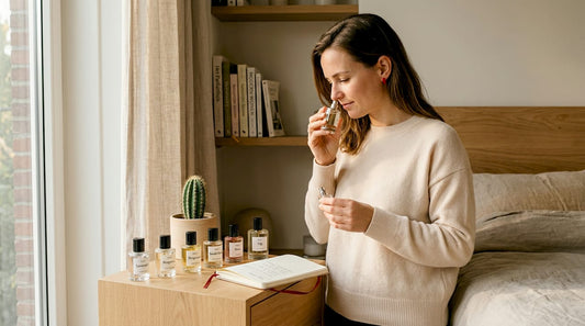 Een vrouw test een parfum door eraan te ruiken bij het schap in de woonkamer.