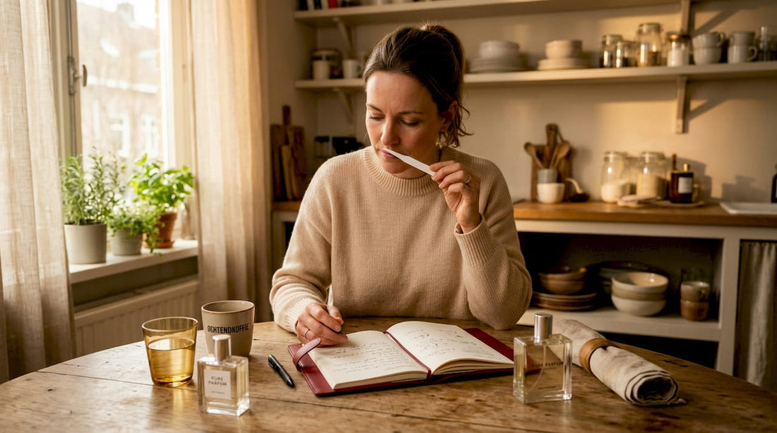 Een vrouw zit aan de keukentafel verschillende parfums te ruiken.