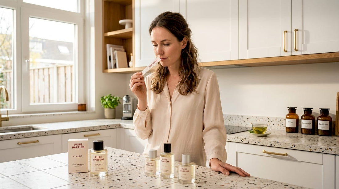 Een vrouw zit aan tafel en snuffelt nieuwsgierig aan een parfumtester.
