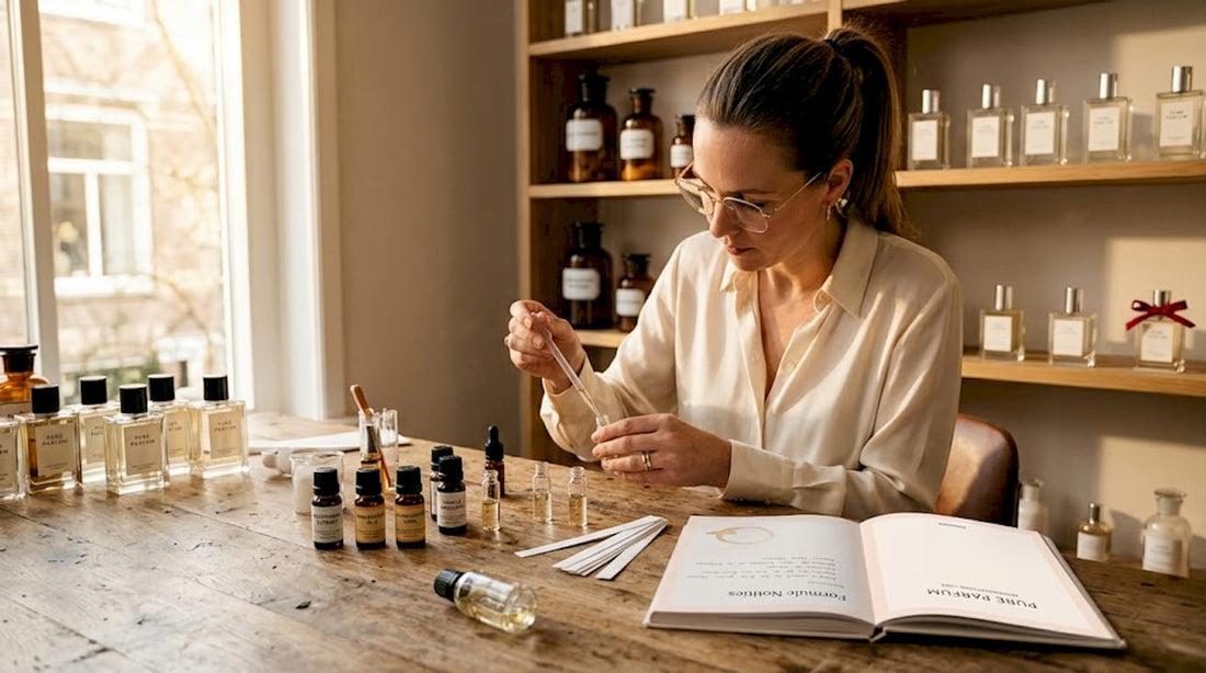 In een lichte, moderne studio experimenteert een parfumeur met verschillende geuren om een unieke compositie te creëren.