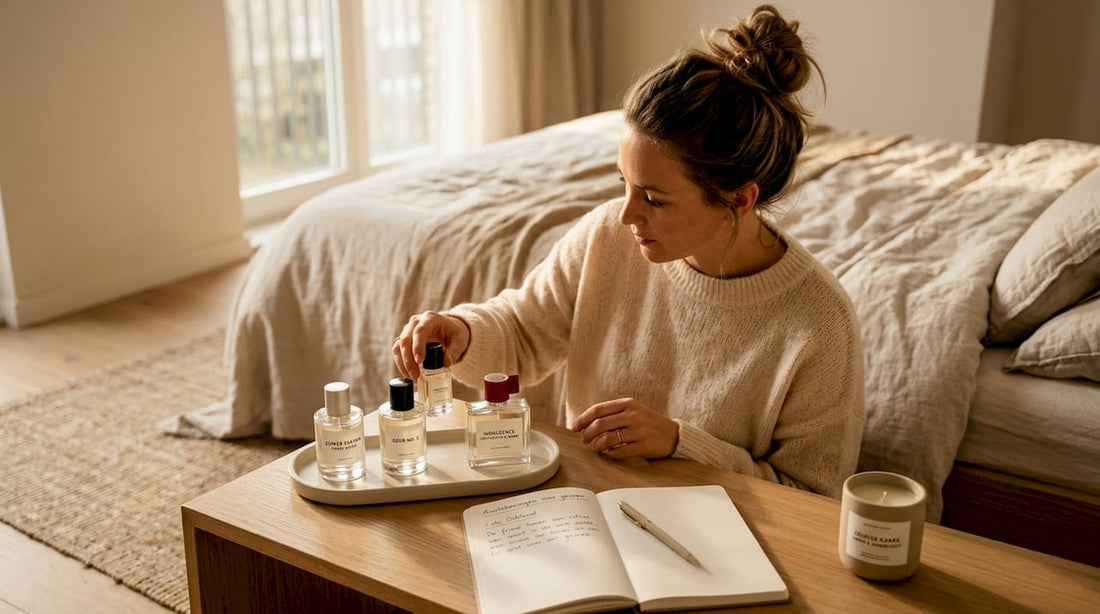 Vrouw twijfelt bij het badkamerraam over welk geurtje ze vandaag op zal doen