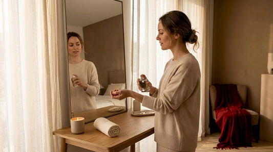 Een vrouw sprayt parfum op terwijl ze voor haar kaptafel in de slaapkamer staat.