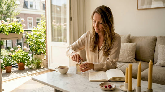 Aan de eettafel draait een vrouw het dopje van haar parfumflesje.