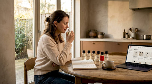 Een vrouw test thuis een geur die lijkt op een bekend parfum.
