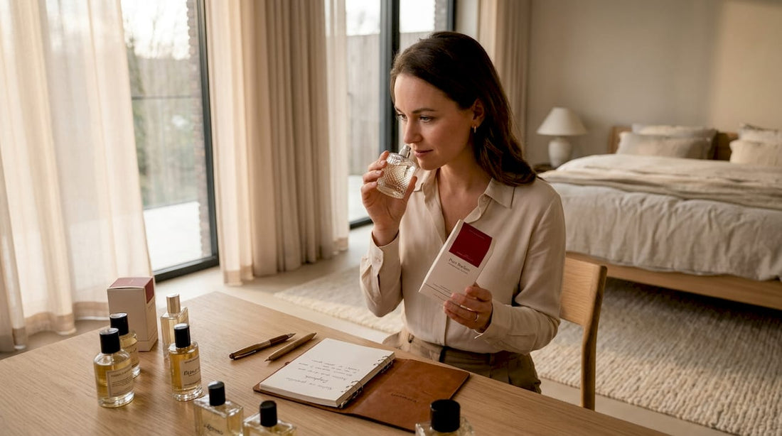 Een vrouw zit thuis aan de eettafel en test verschillende parfums.