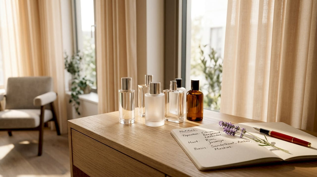 Op tafel staan stijlvolle, genderneutrale parfumflacons met een minimalistisch design.