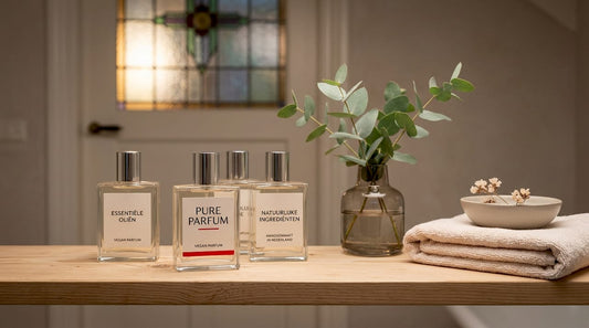 Detailopname van veganistische parfumflesjes op een lichte achtergrond