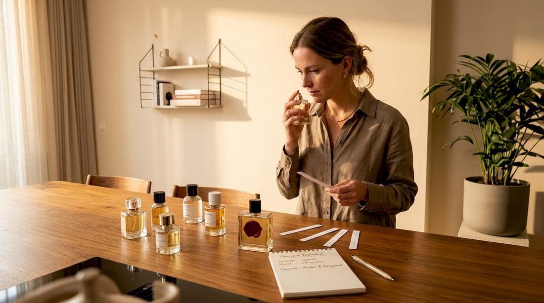 Een vrouw bekijkt haar verzameling parfums terwijl ze aan de eettafel zit.