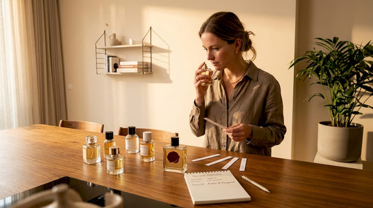 Een vrouw bekijkt haar verzameling parfums terwijl ze aan de eettafel zit.