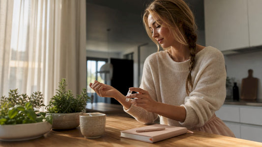 ’s Ochtends brengt een vrouw thuis haar favoriete roll-on parfum aan.