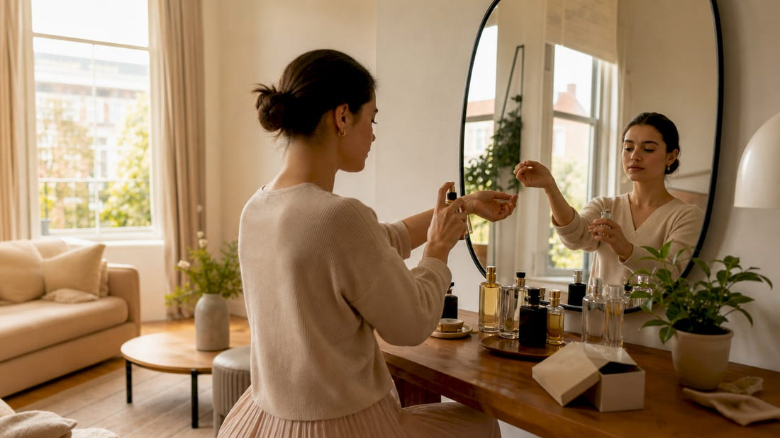 Iemand zit aan de kaptafel verschillende uniseks parfums uit te proberen.