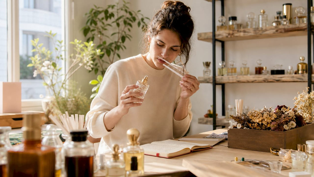 Vrouw verdiept zich in de opbouw van parfum in haar atelier