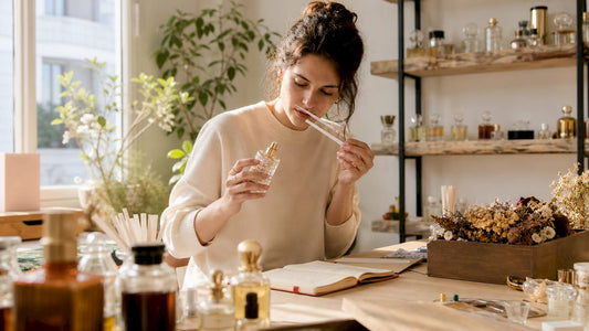 Vrouw verdiept zich in de opbouw van parfum in haar atelier