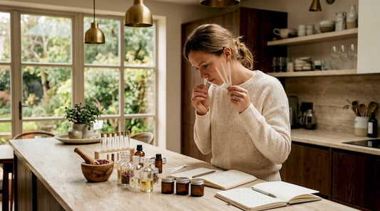 Parfumeur test nieuwe geuren aan zijn werktafel