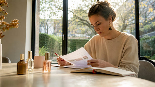 Een vrouw verdiept zich in informatie over duurzame en eerlijke parfums.