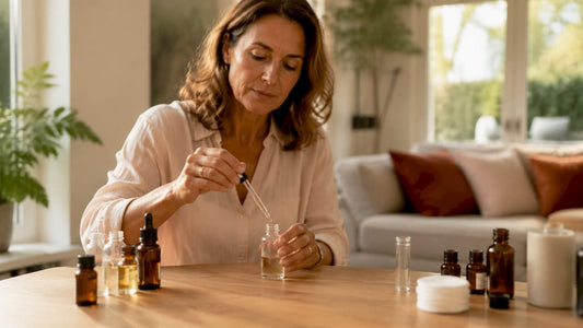 Vrouw giet basisolie voor parfum in een flesje