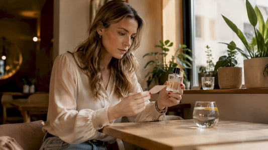Een vrouw bekijkt aandachtig een flesje parfum en werpt een blik op het prijskaartje in de winkel.