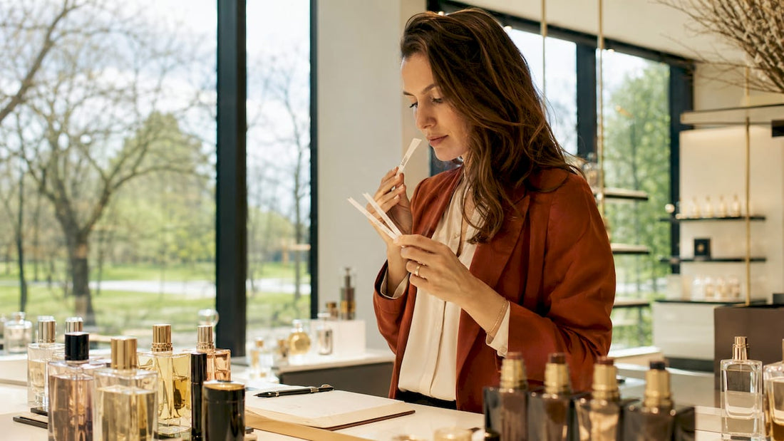 Een vrouw snuffelt aan verschillende geurtjes in een luxe parfumerie.