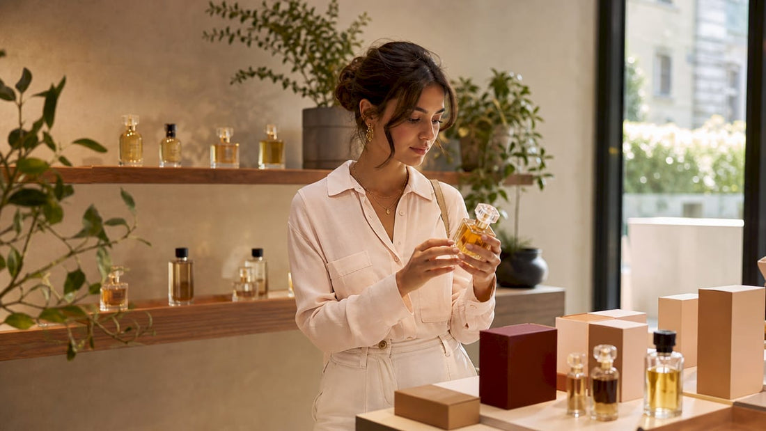 Een vrouw bekijkt aandachtig de verpakking van een luxe parfumfles.