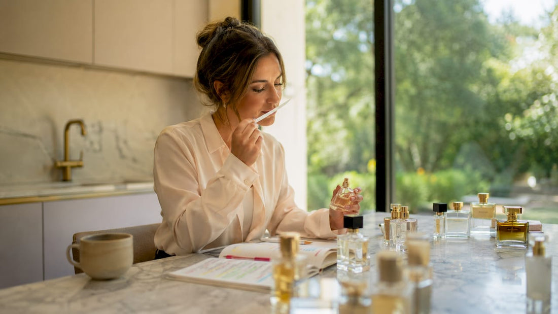 Vrouw probeert verschillende uniseks geuren uit aan de eettafel
