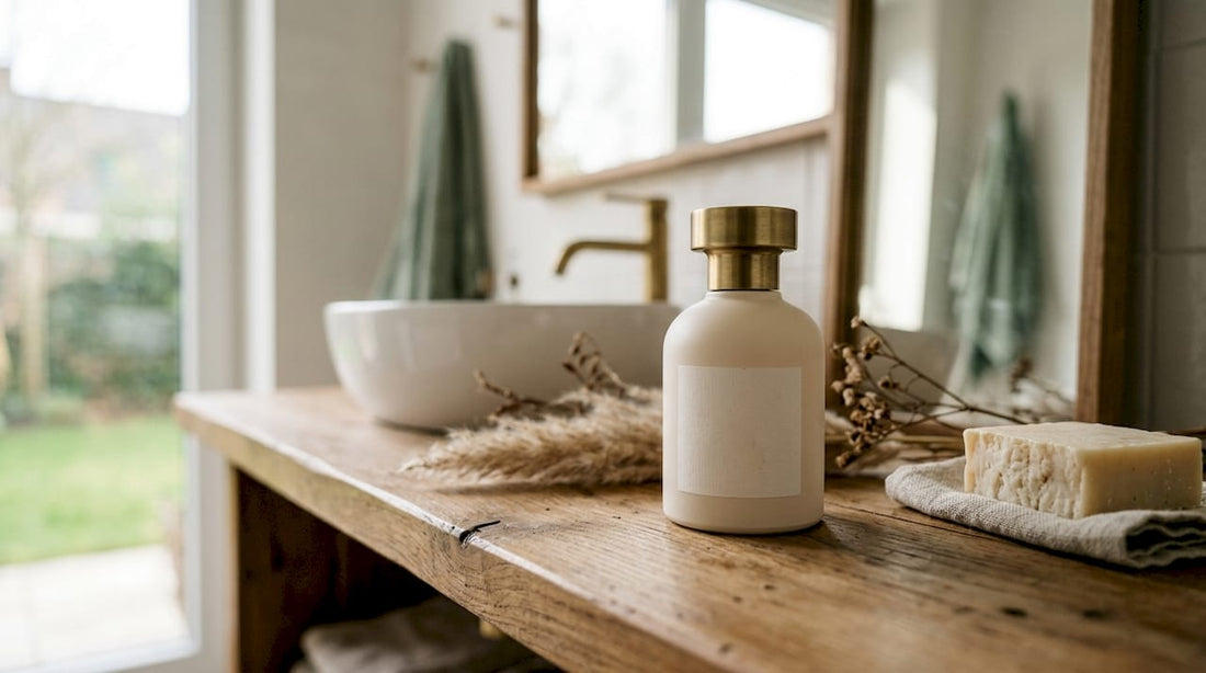 Een luxe parfumflesje met een geconcentreerde geur, omringd door prachtige bloemen.