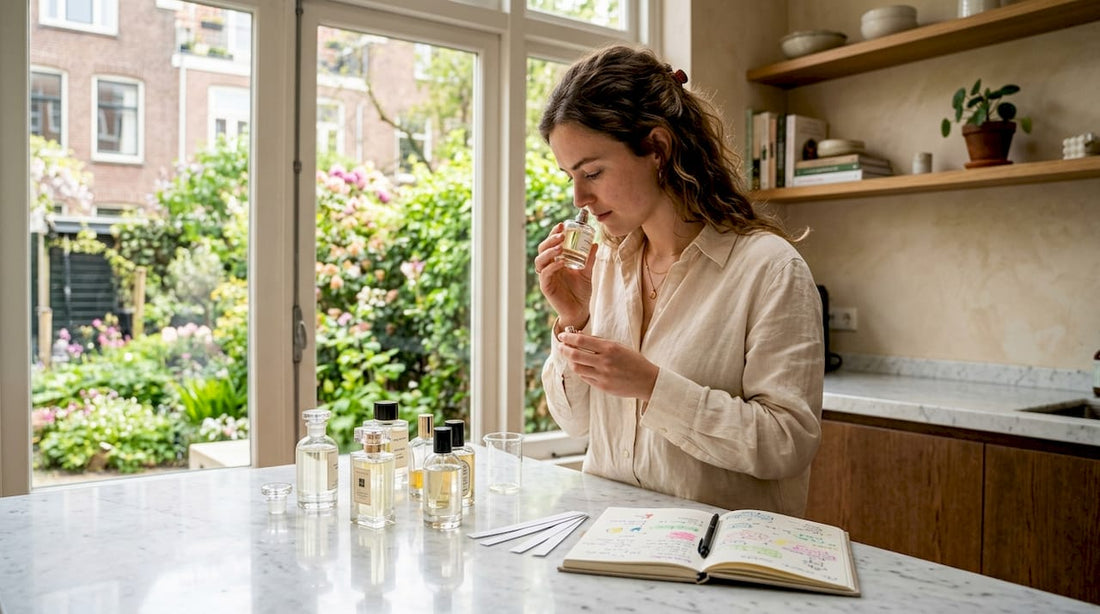 Een vrouw probeert thuis een parfum uit bij het raam, in het natuurlijke licht.