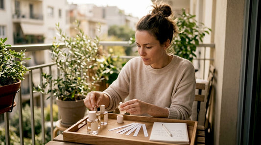 Een vrouw zit aan tafel en ruikt aan verschillende parfumstaaltjes.