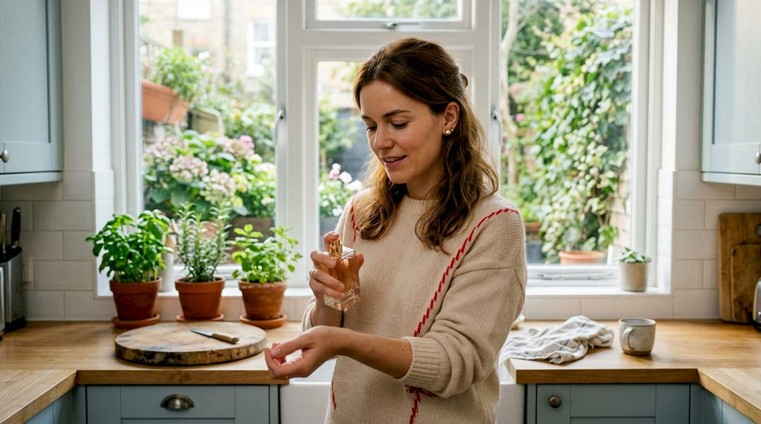 Een vrouw brengt haar favoriete designerparfum aan terwijl ze voor de kaptafel staat.